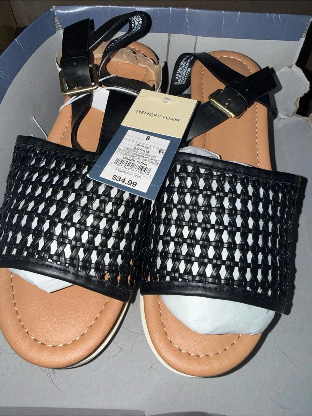 Alba Black Woven Memory Foam Sandals with Ankle Strap